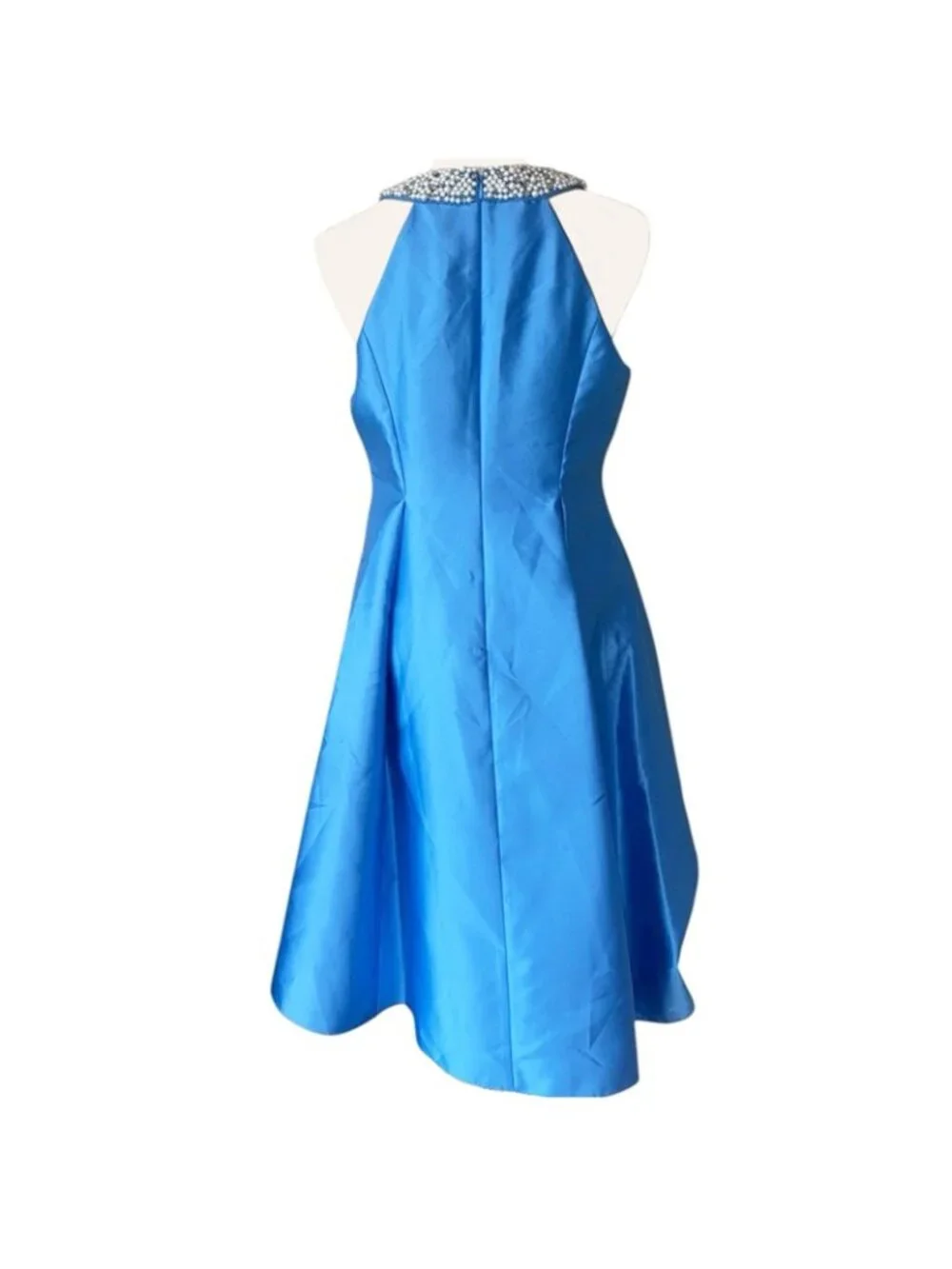 ADRIANNA PAPELL Beaded Neck Mikado High-Low Midi Party Dress Cloud Blue Size 14